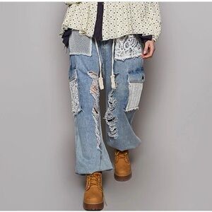 POL Blue Distressed Flare Jeans with Lace Details